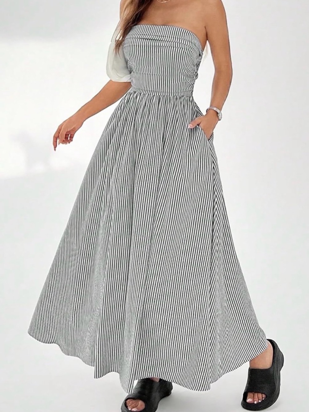 Striped Strapless Maxi Dress in Black and White Size S